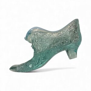 Vintage Fenton Glass Shoe Slipper Blue Turquoise Opalescent Cat Head